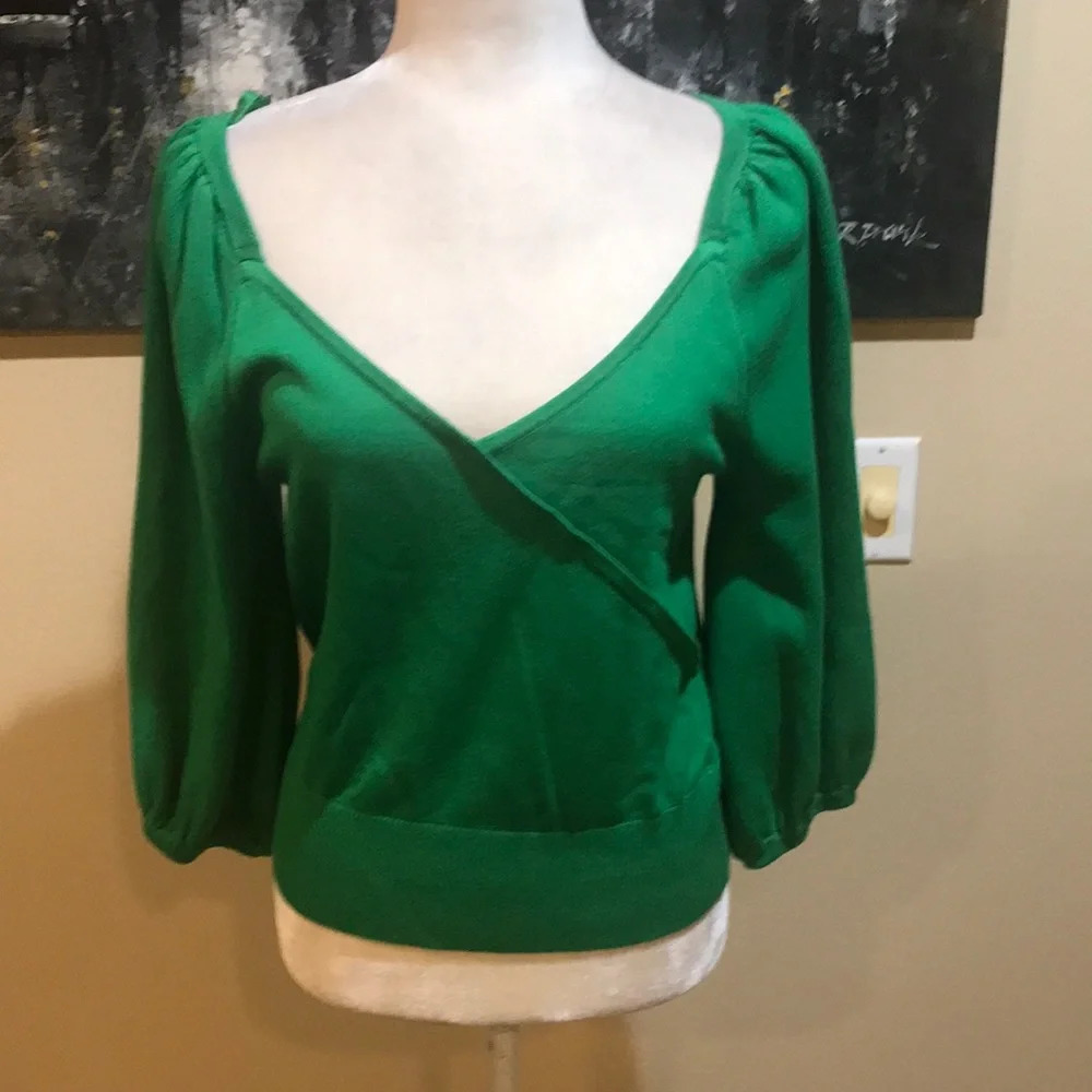 7th Avenue New York & Company Green Crossover Sweater with Puff Sleeves-L